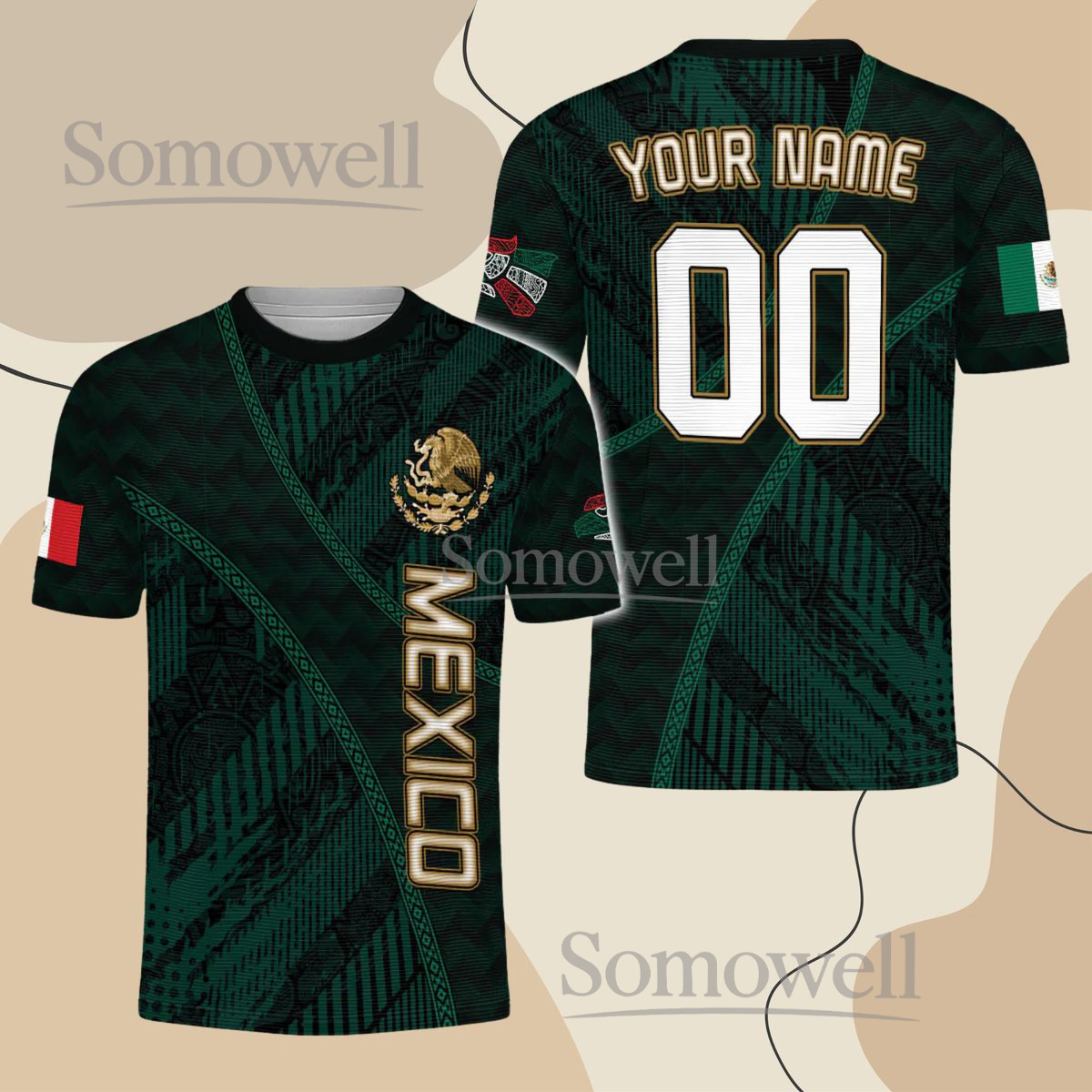 Mexico Jersey Custom Name Number Green Aztec Pattern Unisex Shirt