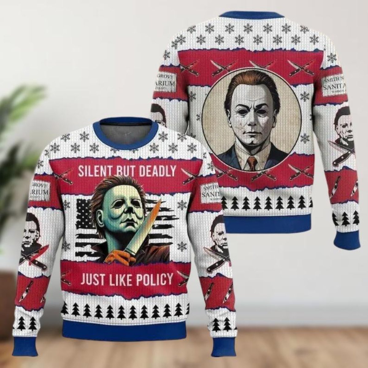 Michael Myers Christmas White Ugly Sweater Silent But Deadly Funny Horror Knit Jumper