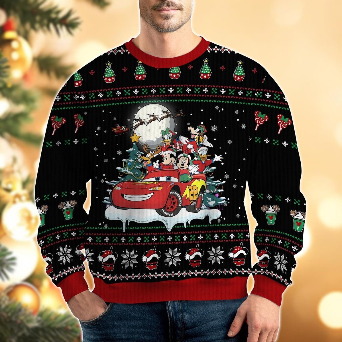 Mickey And Friends Cars Christmas Black Ugly Sweater Cartoon Holiday Ride Gift Knit Jumper