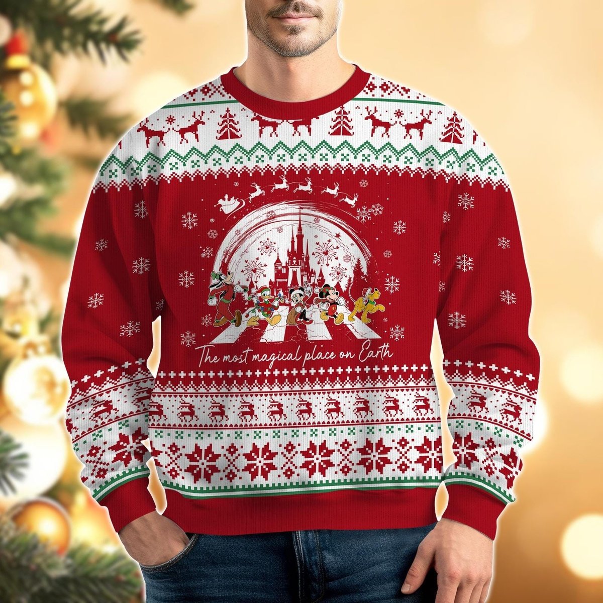 Mickey And Friends Magical Place Red Ugly Christmas Sweater Disney Castle Holiday Knit Jumper