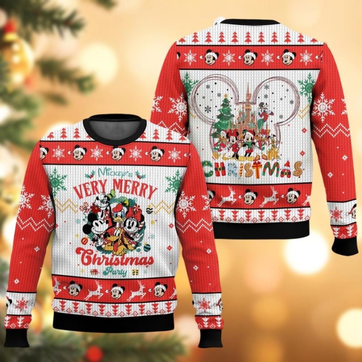 Mickey And Friends Very Merry Christmas Red Ugly Sweater Disney Party Holiday Knit Jumper