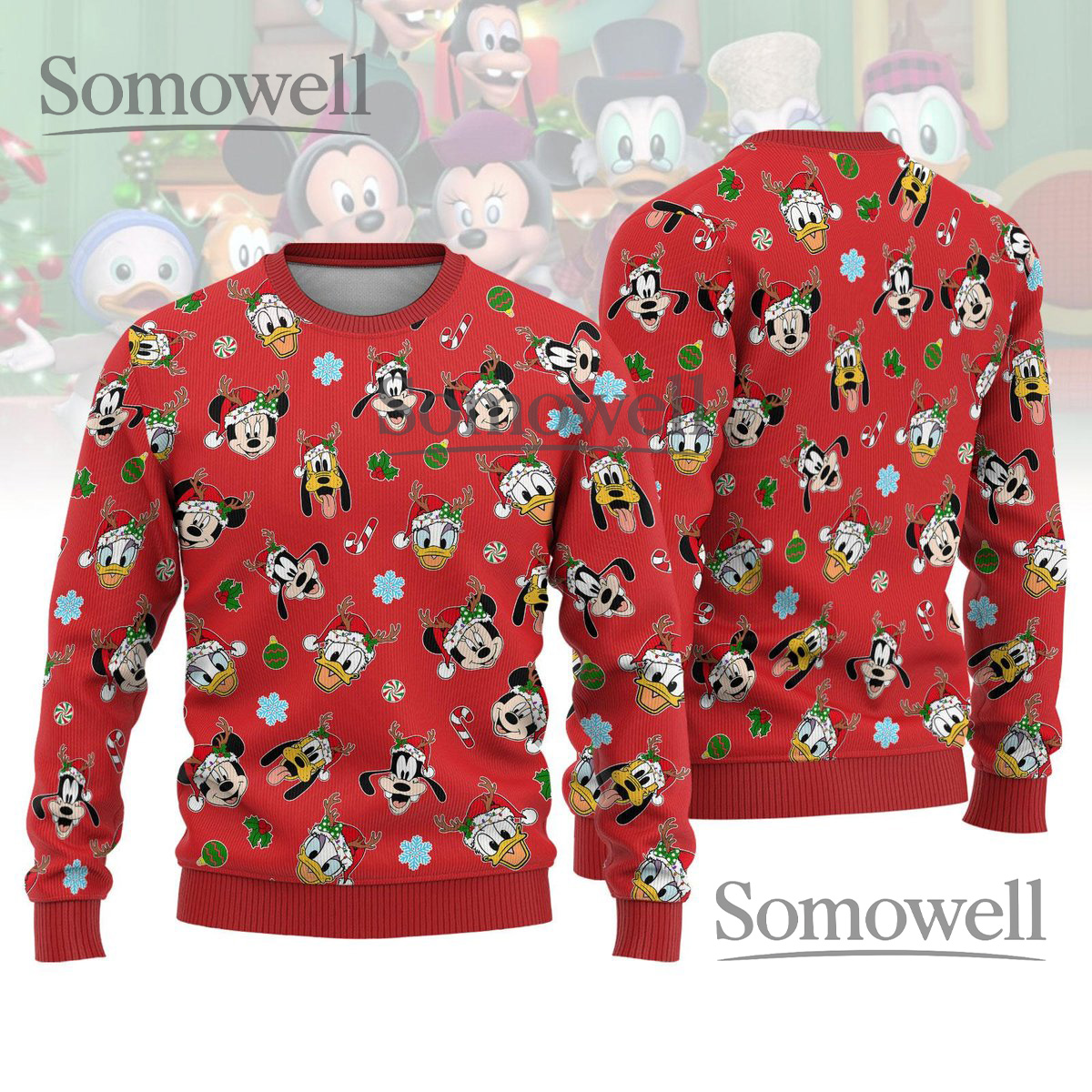 Mickey and Friends Red Ugly Christmas Sweater Cute Disney Cartoon Holiday Knit Jumper