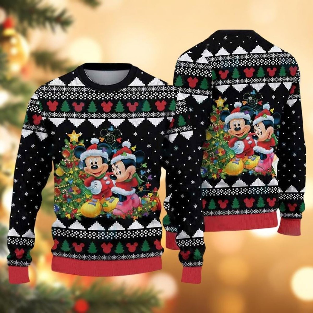 Mickey And Minnie Tree Christmas Black Ugly Sweater Disney Couple Holiday Gift Knit Jumper
