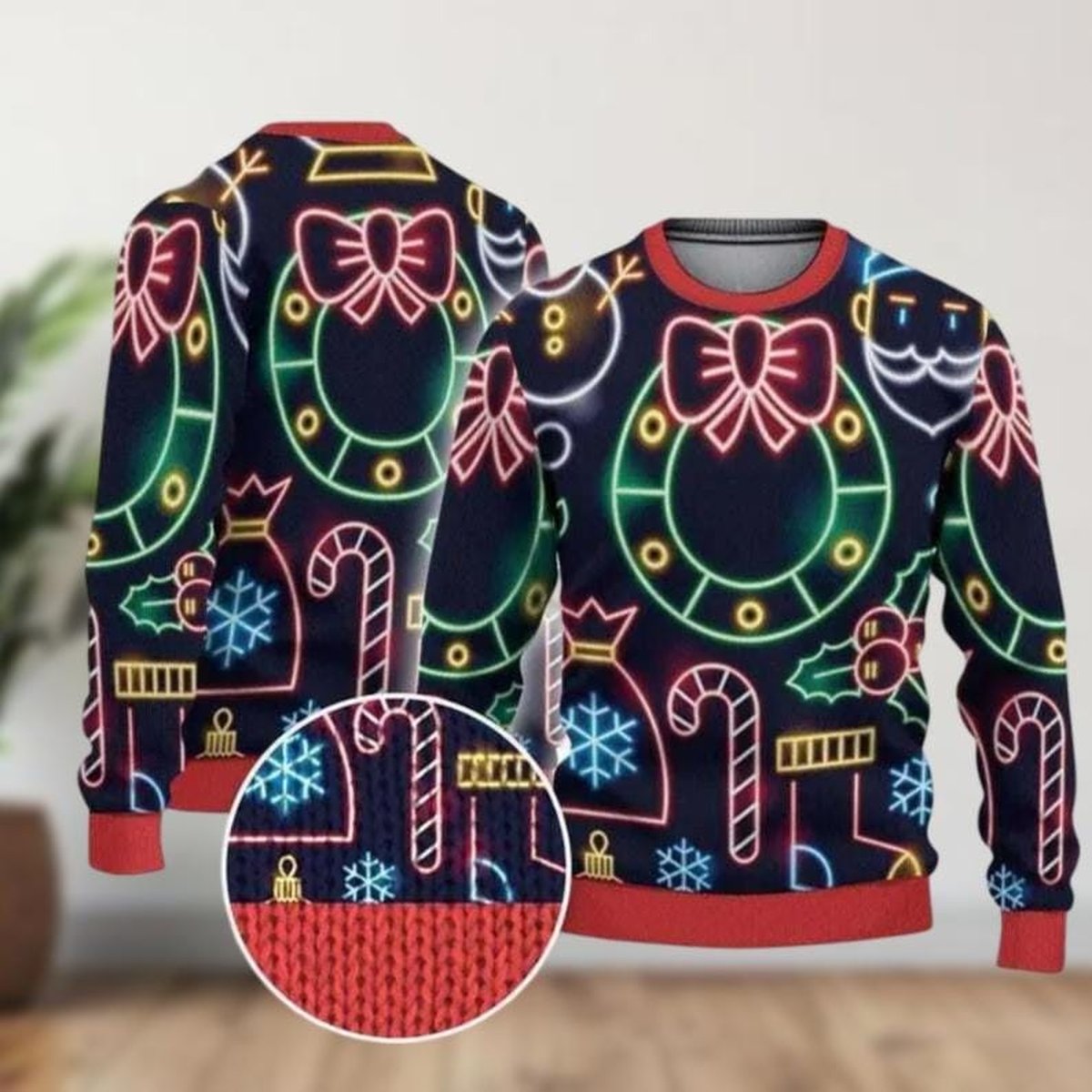 Mickey Christmas Lights Neon Ugly Sweater Colorful Holiday Ornament Pattern Knit Jumper