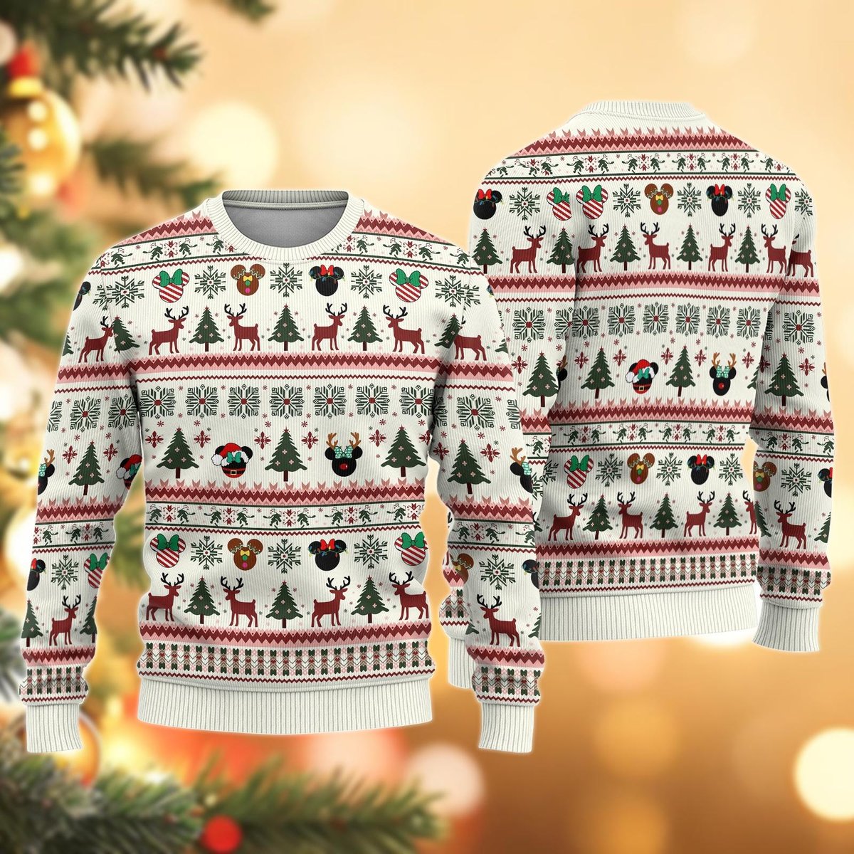 Mickey Minnie Head Pattern White Ugly Christmas Sweater Holiday Reindeer Tree Knit Jumper