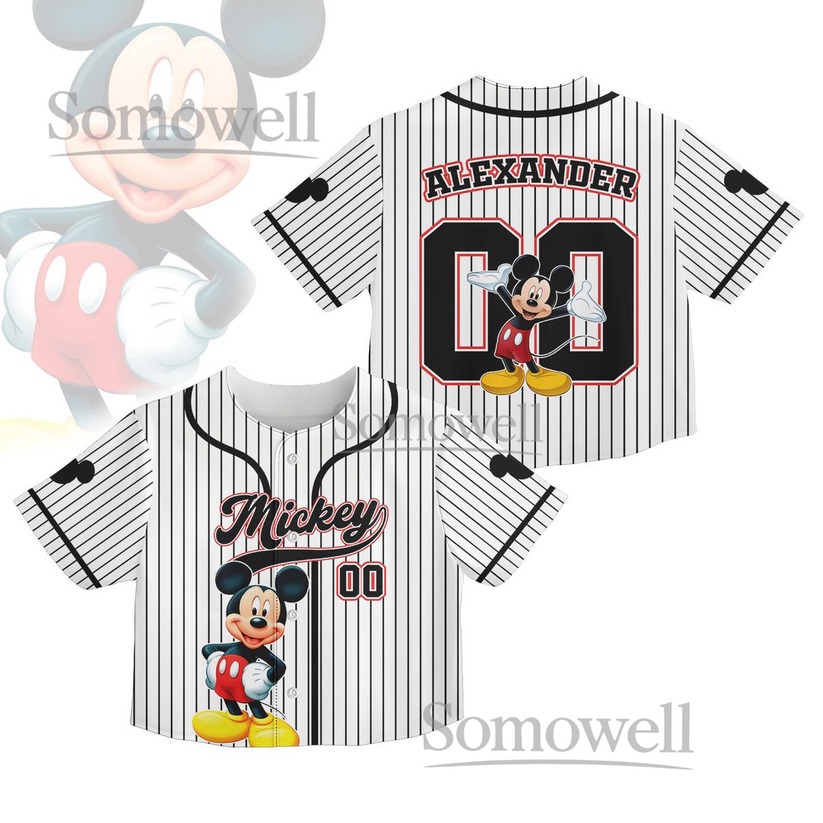 Mickey Mouse Baseball Jersey Shirt Classic Cartoon Character Black White Striped Personalized Gift