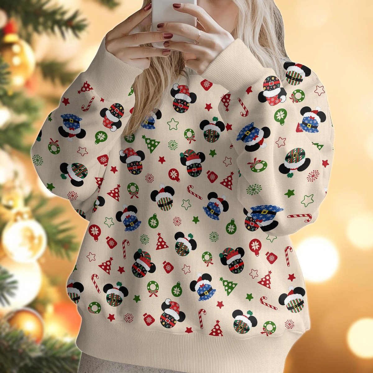 Mickey Mouse Head Cream Ugly Christmas Sweater Holiday Pattern Candy Cane Knit Jumper