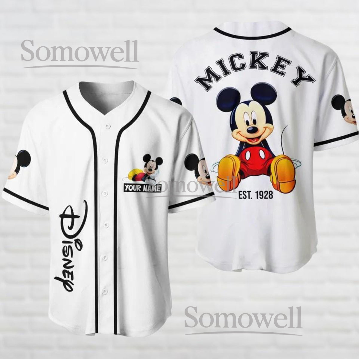 Personalized Mickey Mouse Baseball Jersey Shirt Classic Disney Cartoon White Black Gift