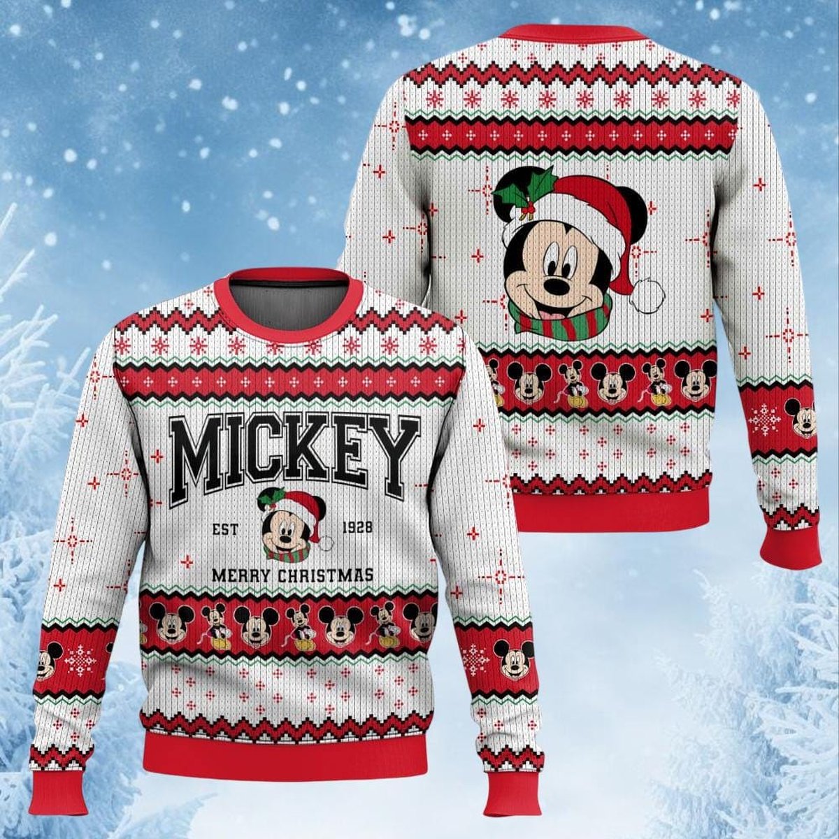 Mickey Mouse Merry Christmas Red White Sweater Classic Knit