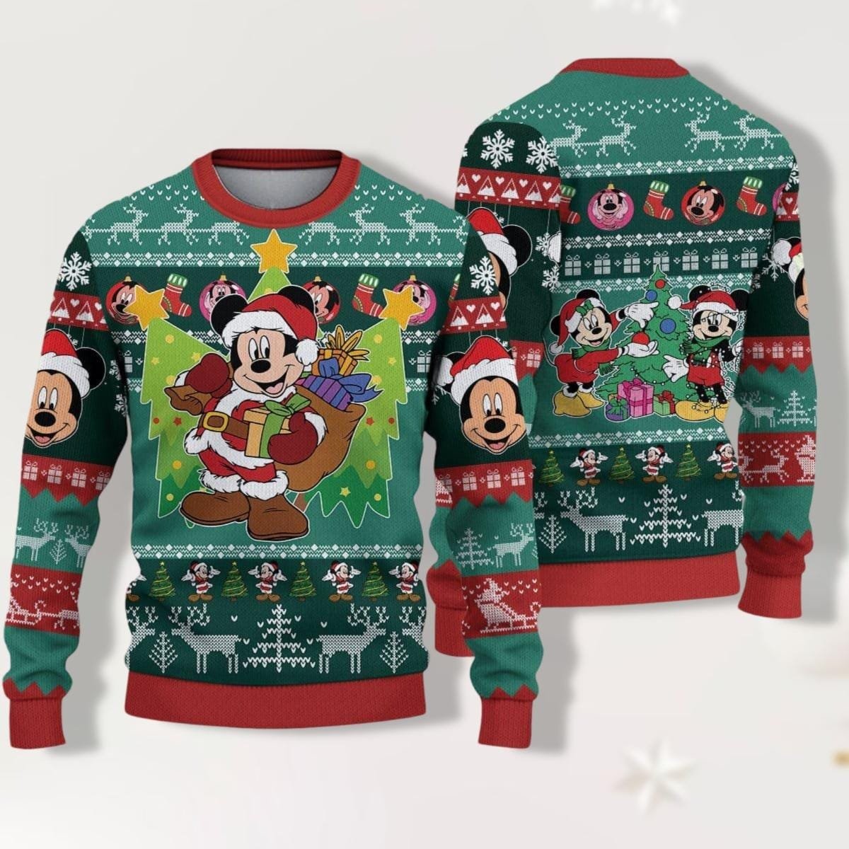 Disney Mickey and Friends Very Merry Christmas Ugly Sweater Green Red Holiday Jumper