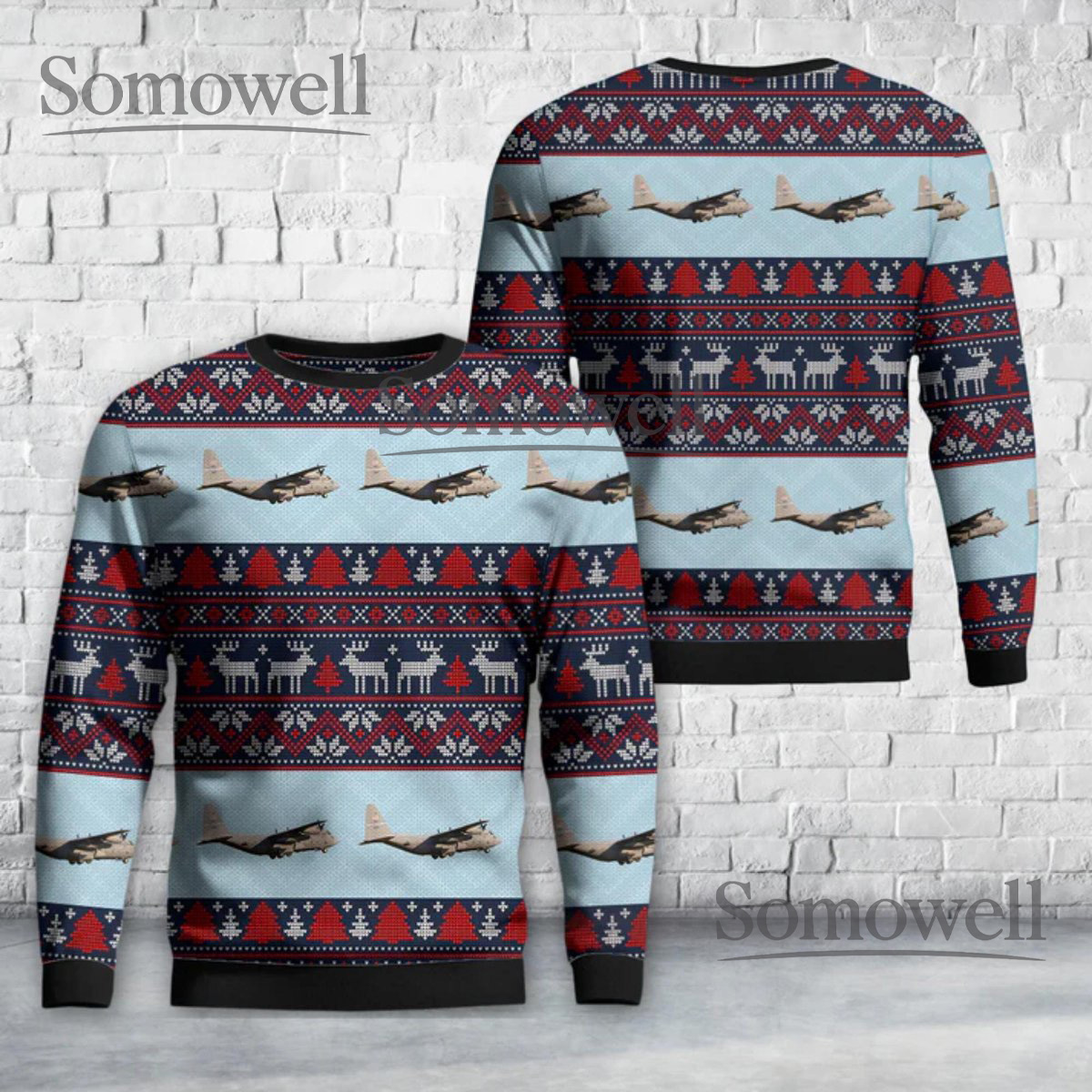 Military Airplane Christmas Sweater C-130 Aviation Ugly Crewneck