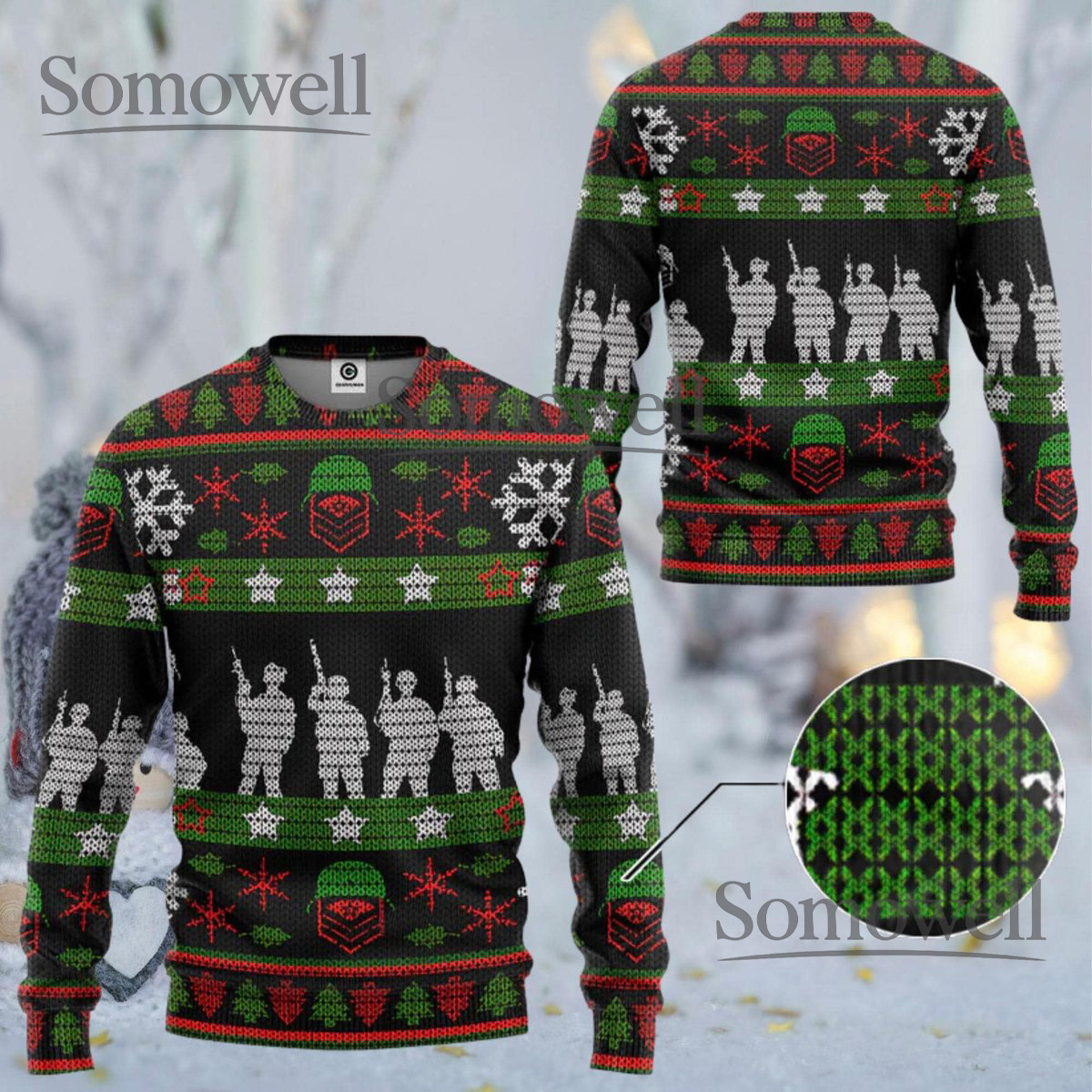 Military Soldier Silhouette Tactical Green Red Ugly Christmas Sweater Holiday Knit Gift
