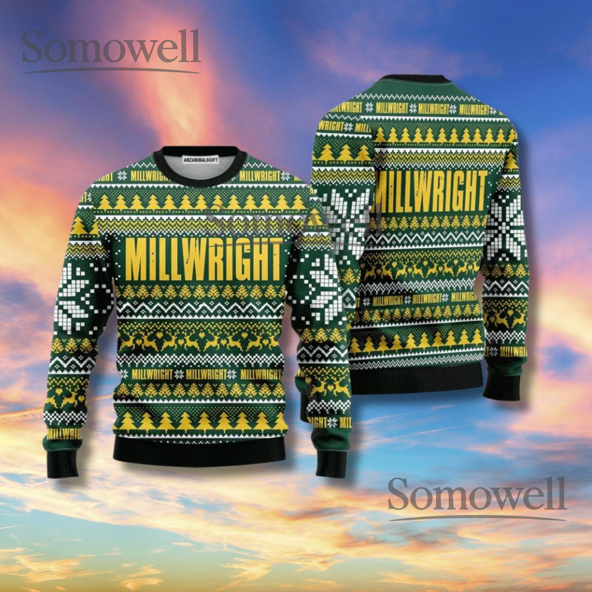 Millwright Ugly Christmas Sweater Green Yellow Knit Holiday Crewneck