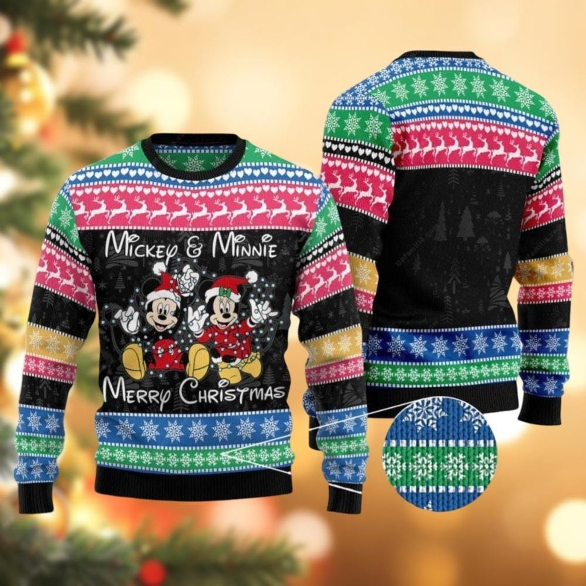 Minnie Mickey Merry Christmas Multicolor Ugly Sweater Cute Couple Holiday Knit Jumper