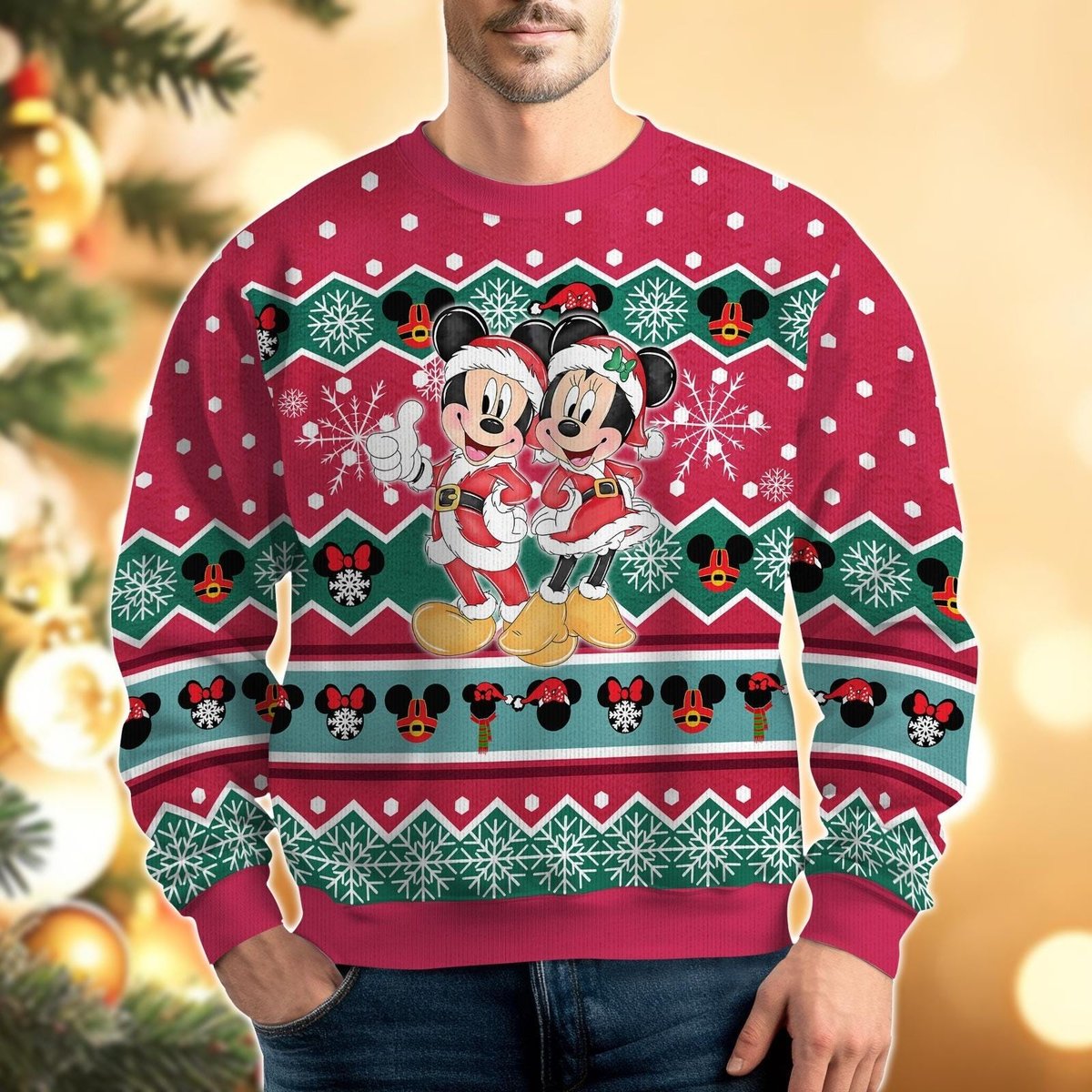 Mickey Minnie Christmas Red Ugly Sweater Festive Couple Snowflake Holiday Knit Jumper