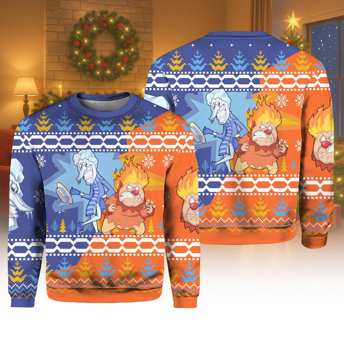 Miser Brothers Heating And Cooling Blue Orange Ugly Sweater Funny Retro Holiday Knit Jumper
