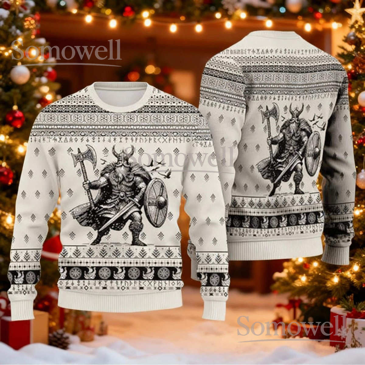 Monochrome Viking Warrior Ugly Christmas Sweater Norse Mythology Holiday Gift