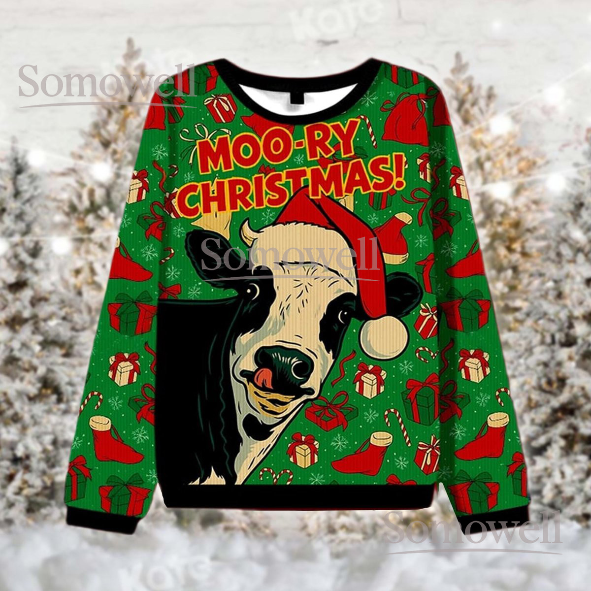 Moo-ry Christmas Green Cow Funny Ugly Sweater Farm Animal Holiday Knit Jumper