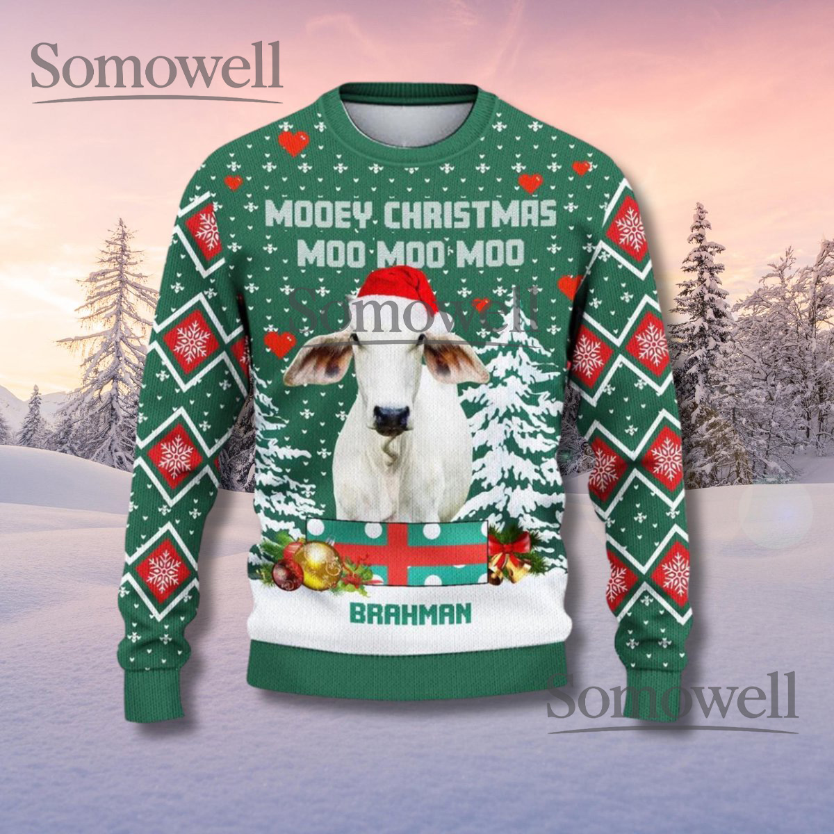 Mooey Christmas Cow Green Ugly Sweater Funny Brahman Farm Animal Holiday Knit Jumper