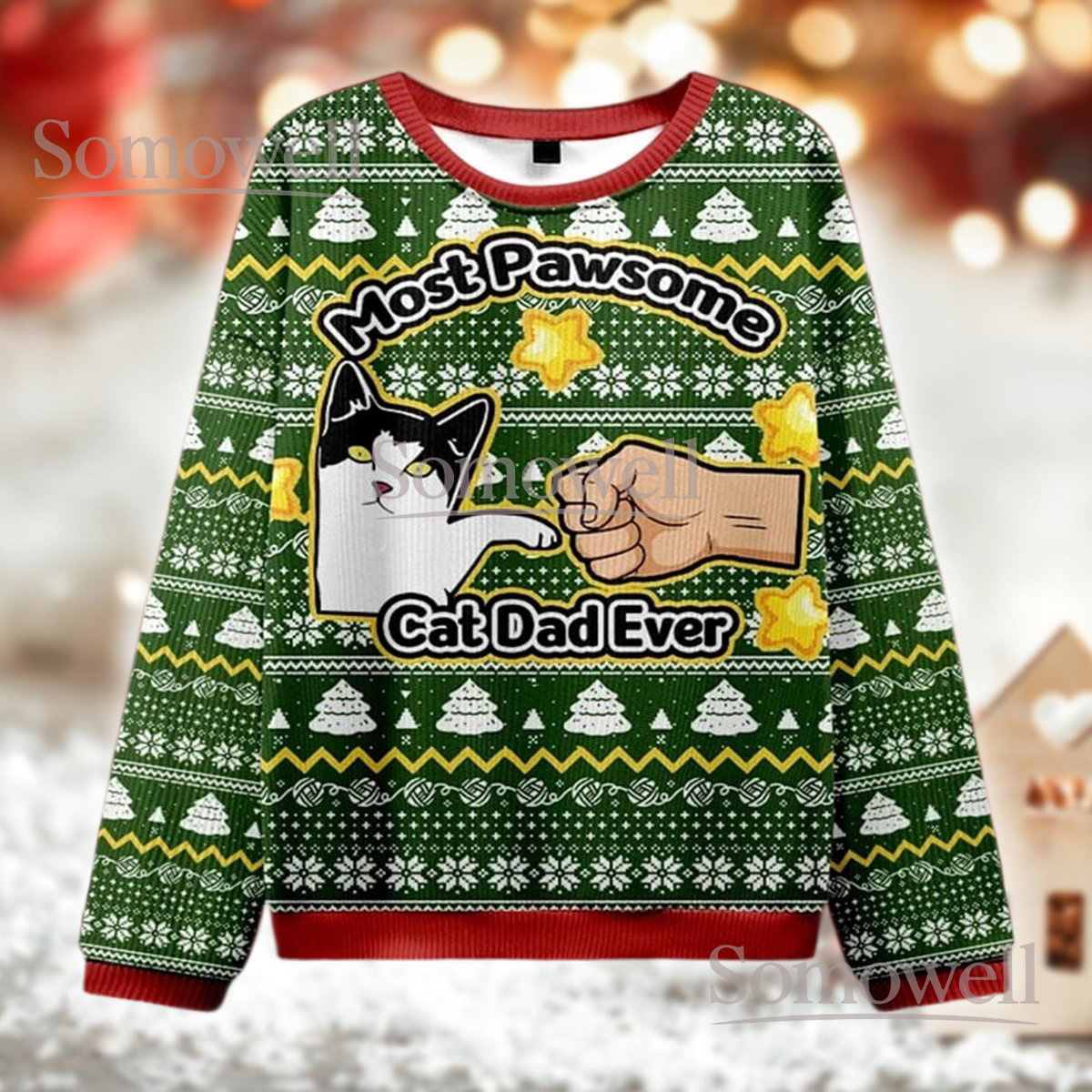 Most Pawsome Cat Dad Ever Ugly Christmas Sweater Funny Cat Lover Holiday Knit Jumper Gift