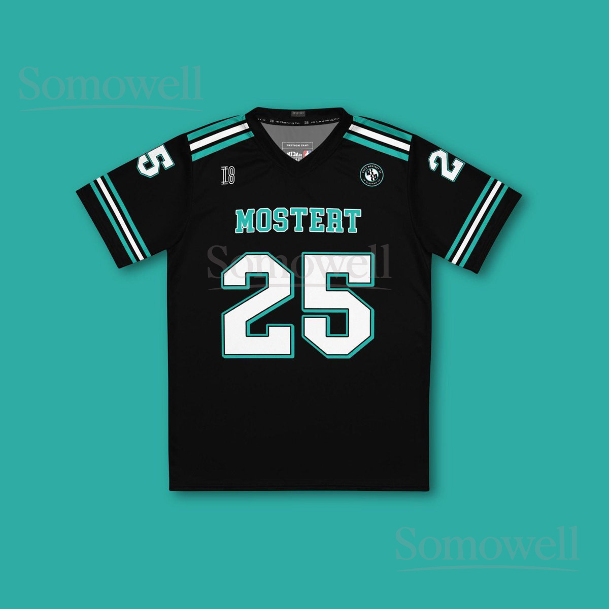 Custom Chaz Mostert Supercars Football Jersey Shirt for Racing Fans Black and Aqua Motorsport Apparel Made from Recycled Polyester