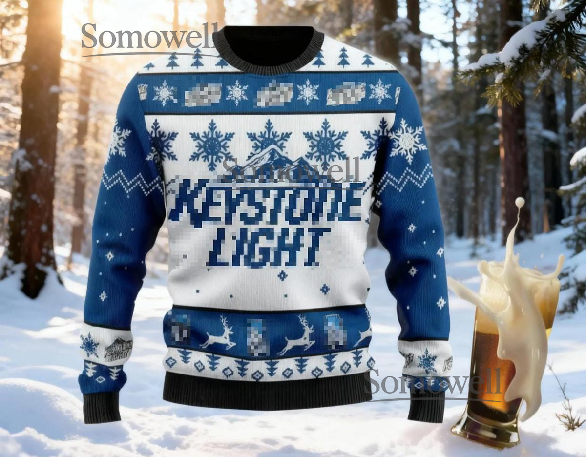 Keystone Light Mountain Blue White Ugly Christmas Sweater Funny Beer Holiday Knit Jumper