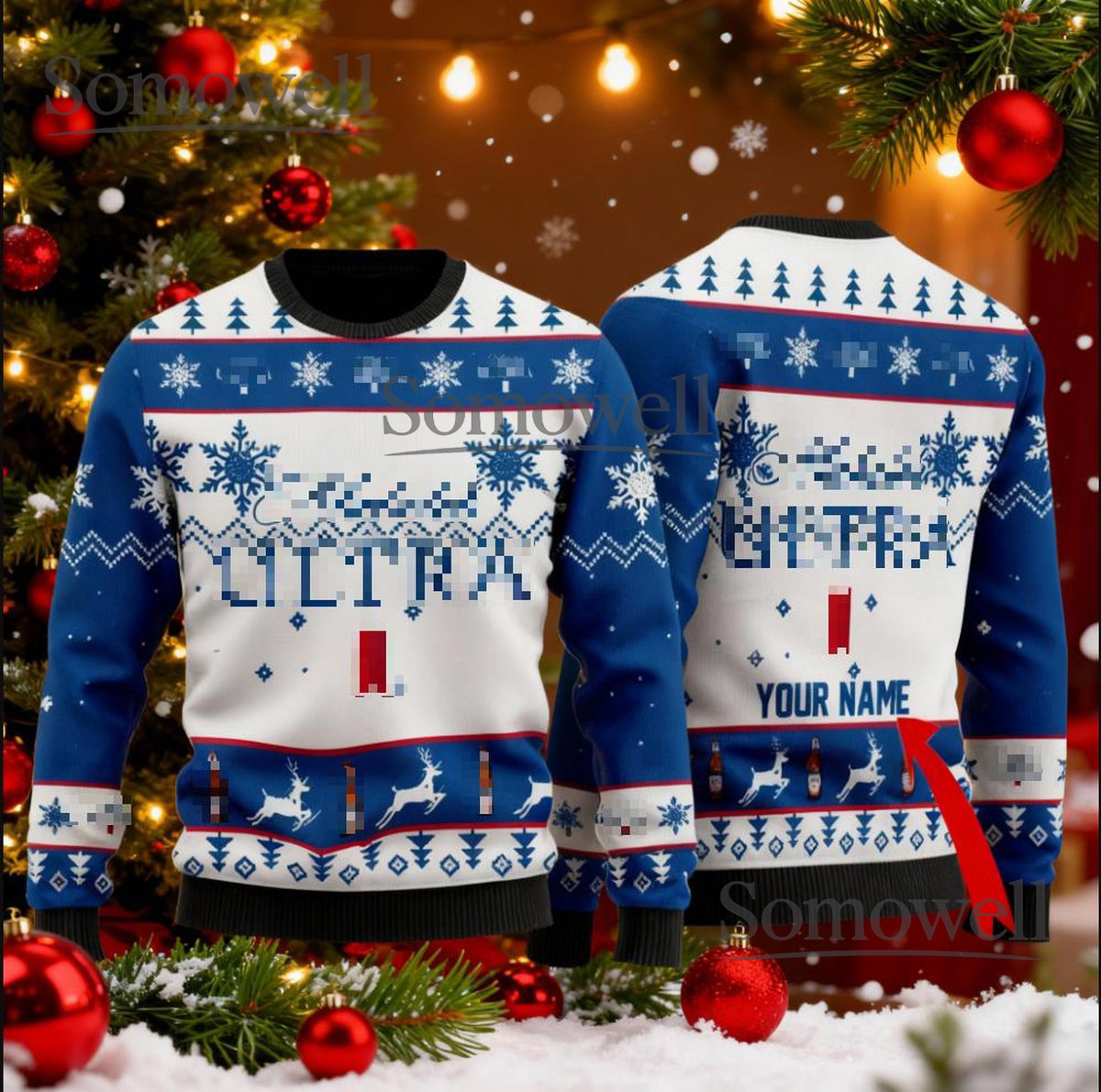Michelob Ultra Blue White Ugly Christmas Sweater Personalized Beer Lovers Knit Jumper