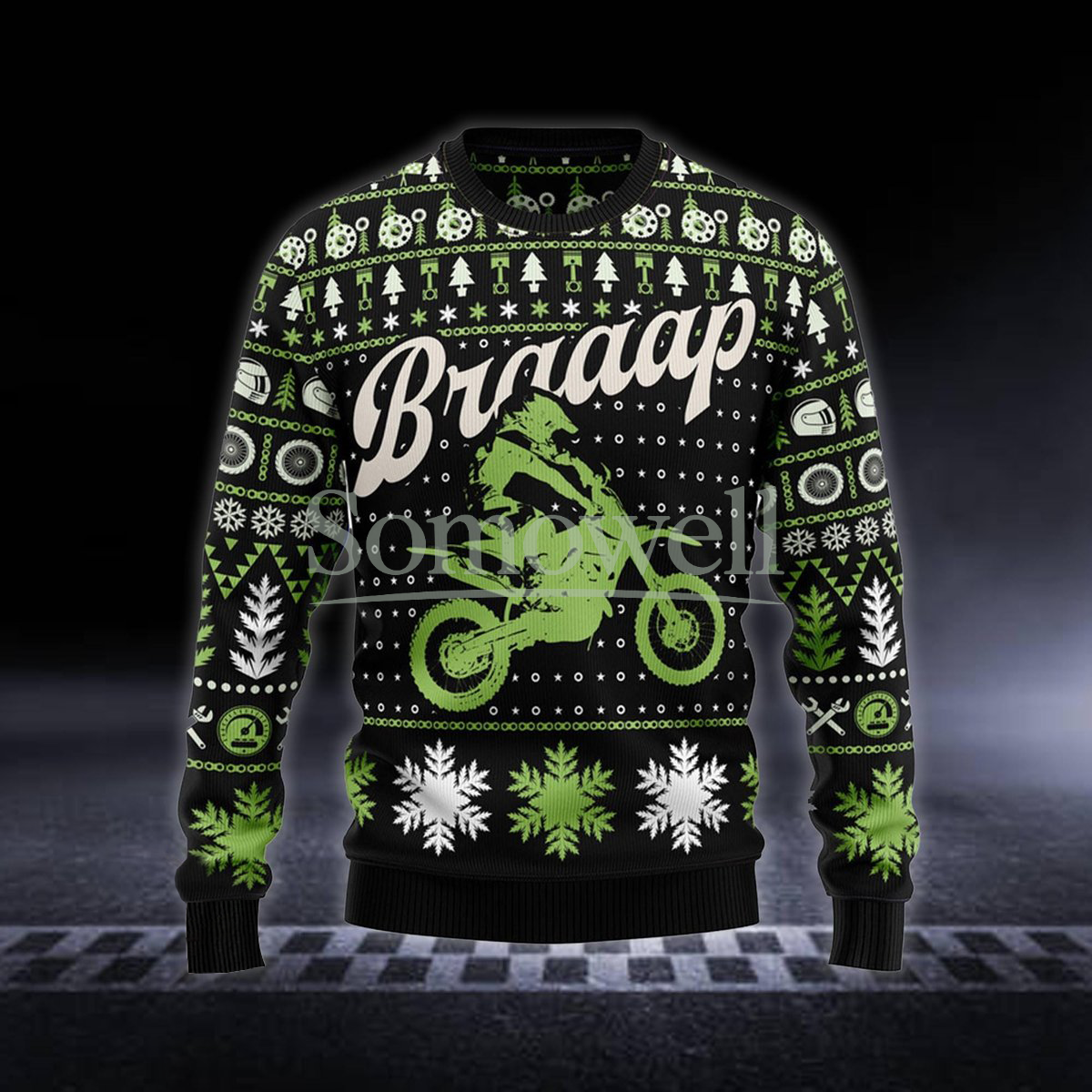 Braaap Motorcycle Multi-Color Ugly Christmas Sweater Motocross Rider Holiday Knit Jumper
