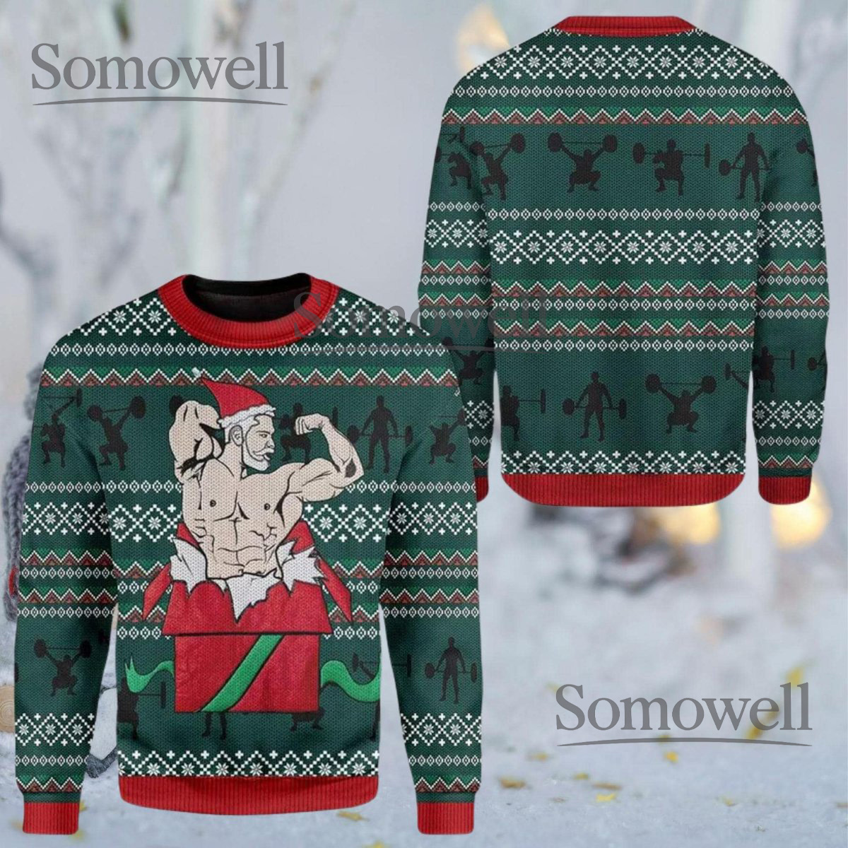 Muscle Santa Green Red Ugly Christmas Sweater Funny Bodybuilder Holiday Knit Gift