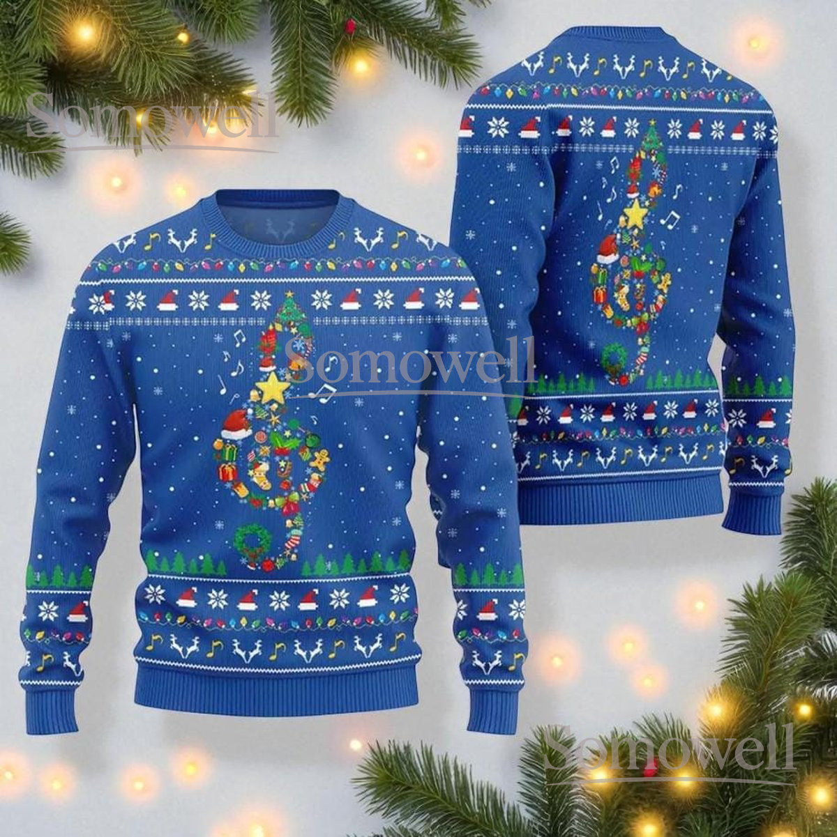 Music Notes Christmas Blue Ugly Sweater Festive Holiday Knit Jumper