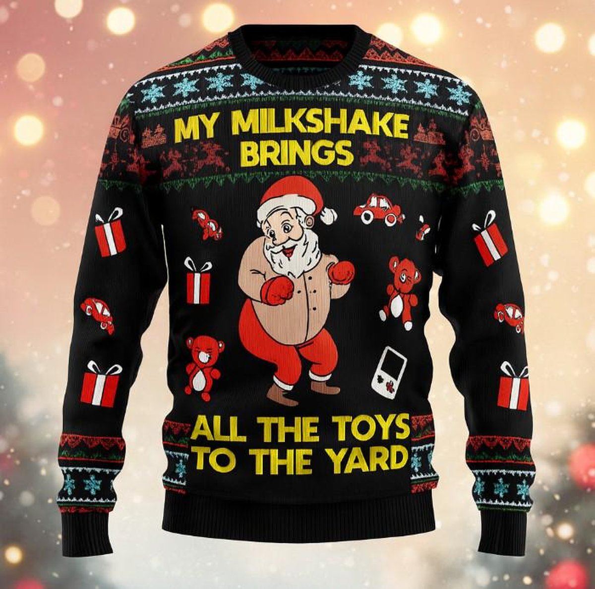 My Milkshake Brings All The Toys Santa Black Ugly Christmas Sweater Funny Holiday Knit Jumper