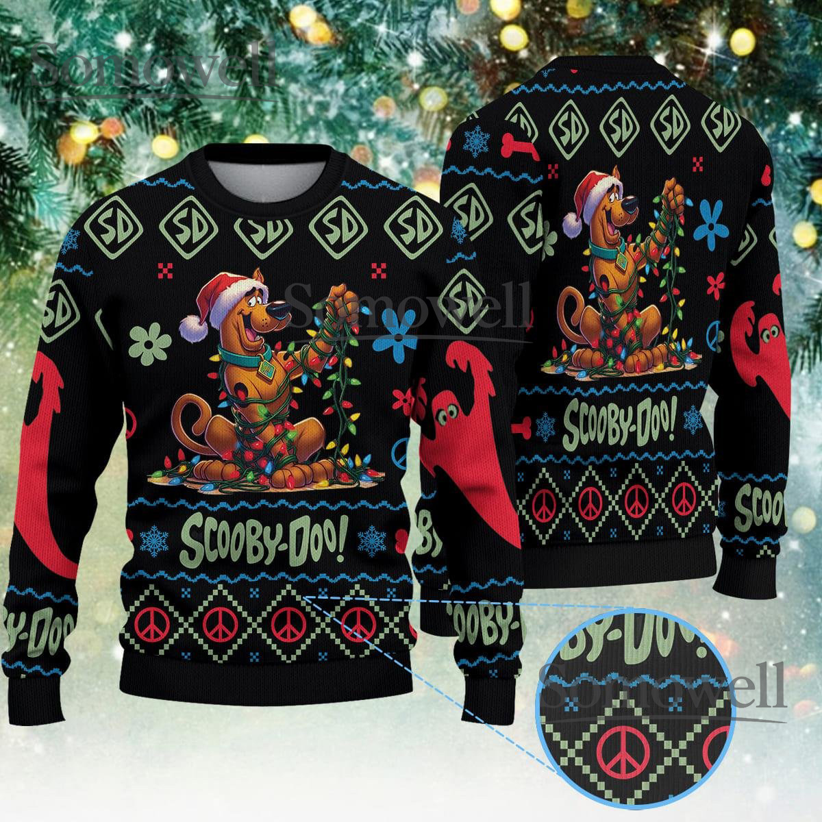 Scooby-Doo Christmas Lights Black Ugly Christmas Sweater Cartoon Dog Holiday Knit Jumper