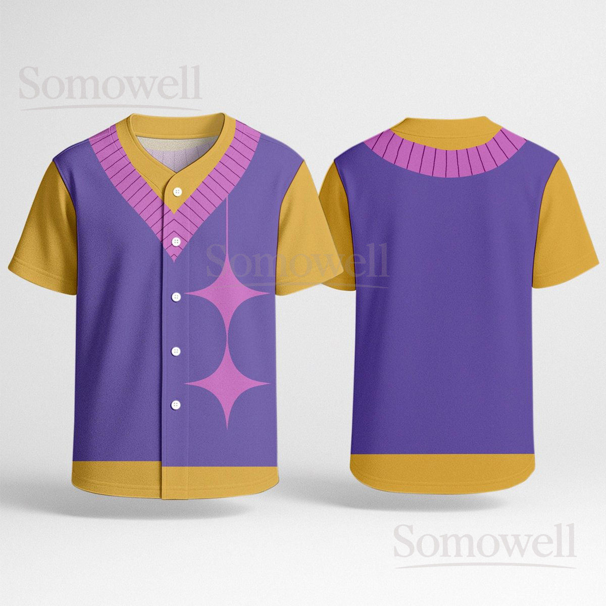Custom Mystery Saja Boys Baseball Jersey Shirt for Anime and Cartoon Fans Purple and Gold Graphic Design Gift Outfit