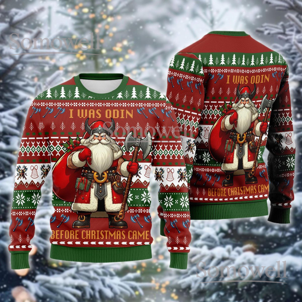 Mythology Santa Red Green Christmas Ugly Sweater I Was Odin Before Christmas Came Knit Jumper