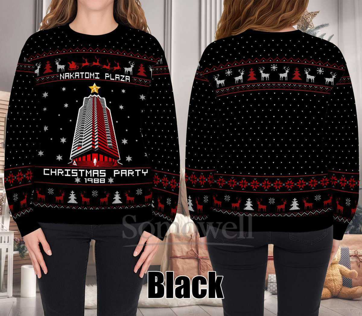 Nakatomi Plaza Christmas Party 1988 Ugly Christmas Sweater Funny Movie Black Knit Jumper