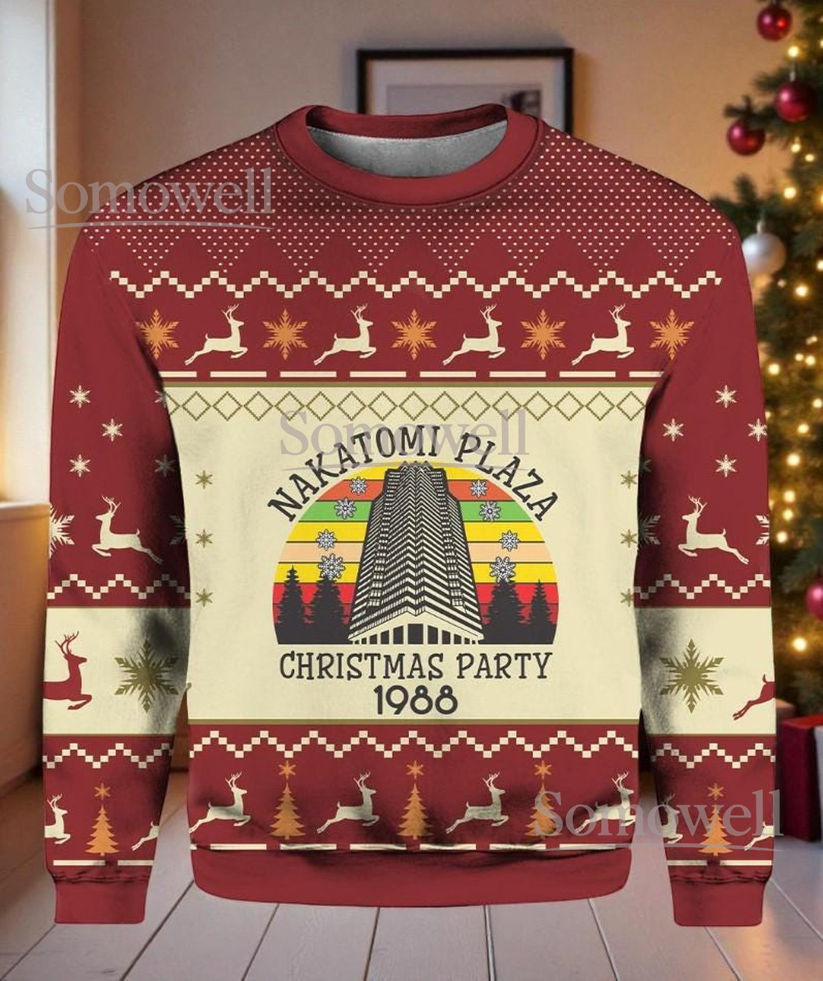 Nakatomi Plaza Christmas Maroon Ugly Sweater Movie Theme Holiday Knit Jumper