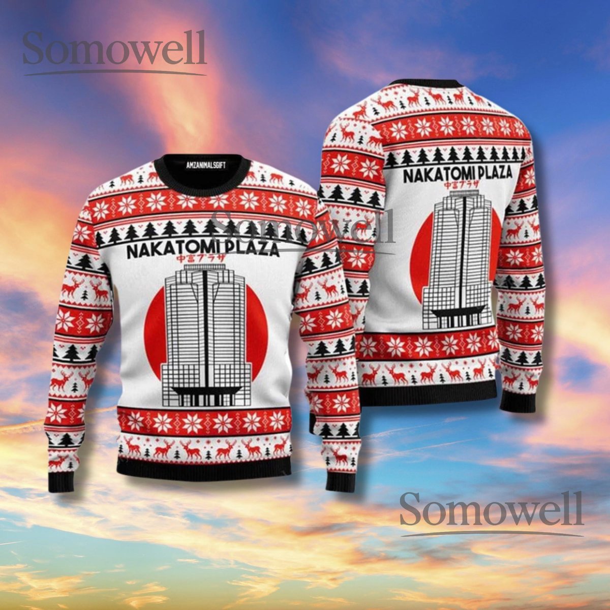 Nakatomi Plaza Ugly Christmas Sweater Red Sun Unisex Holiday Movie Jumper Gift