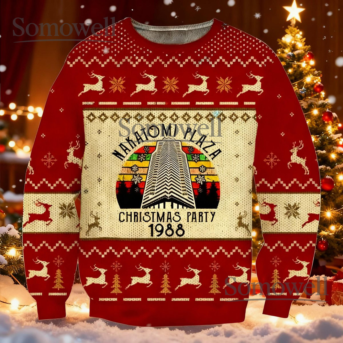 Nakatomi Plaza Christmas Party 1988 Red Ugly Christmas Sweater Retro Movie Knit Jumper