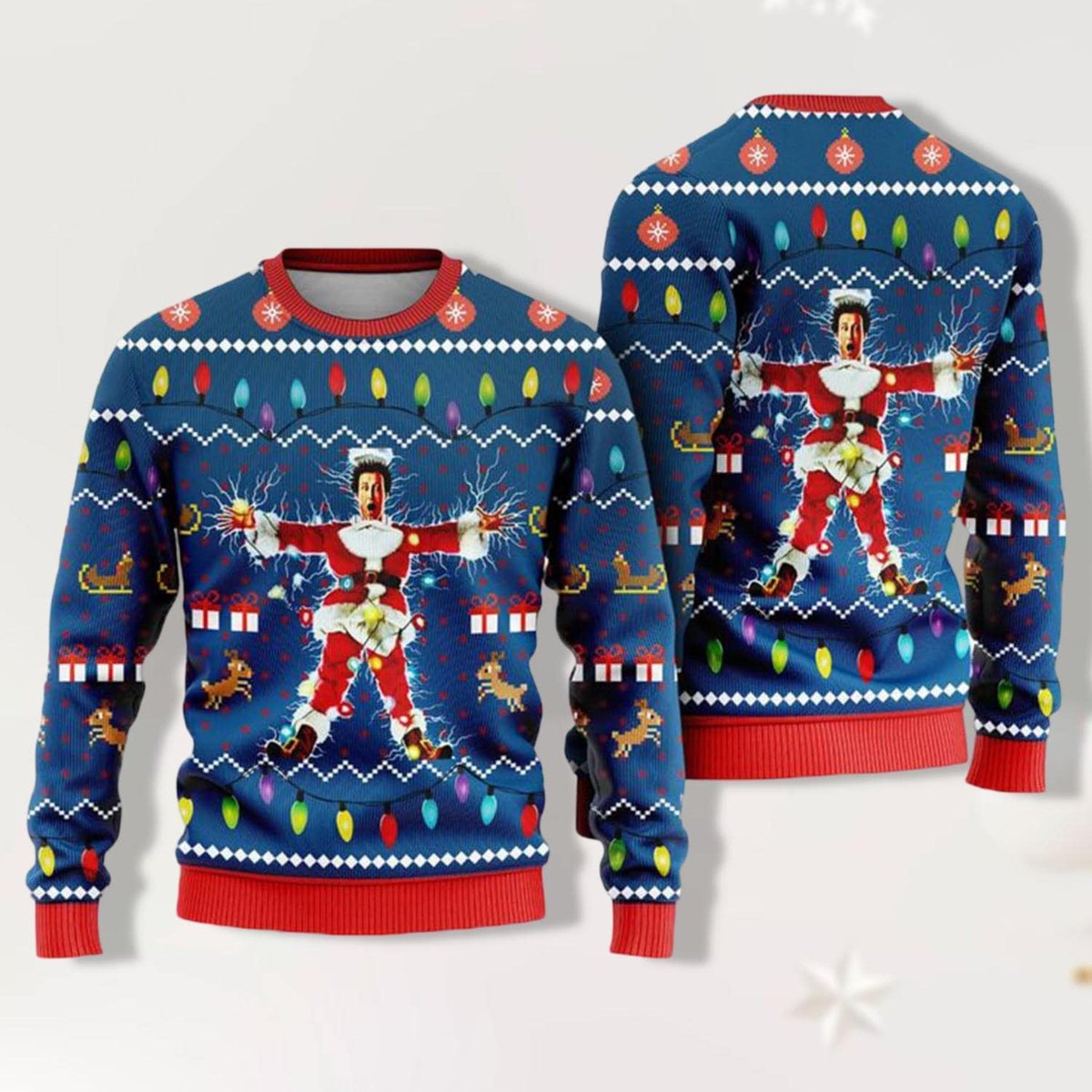 National Lampoon’s Christmas Vacation Funny Electric Shock Ugly Sweater Blue Red Jumper