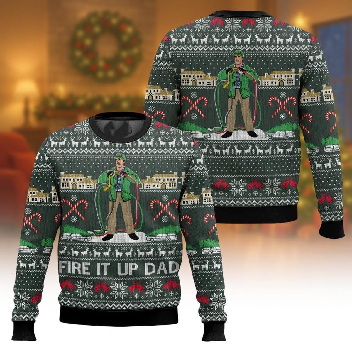 National Lampoons Christmas Vacation Green Ugly Sweater Fire It Up Dad Funny Holiday Jumper
