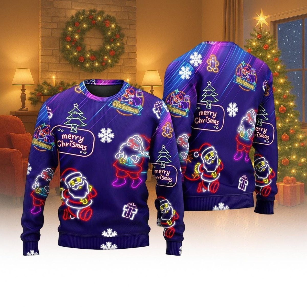 Neon Santa Christmas Purple Ugly Sweater Funny Holiday Light Up Pattern Knit Jumper