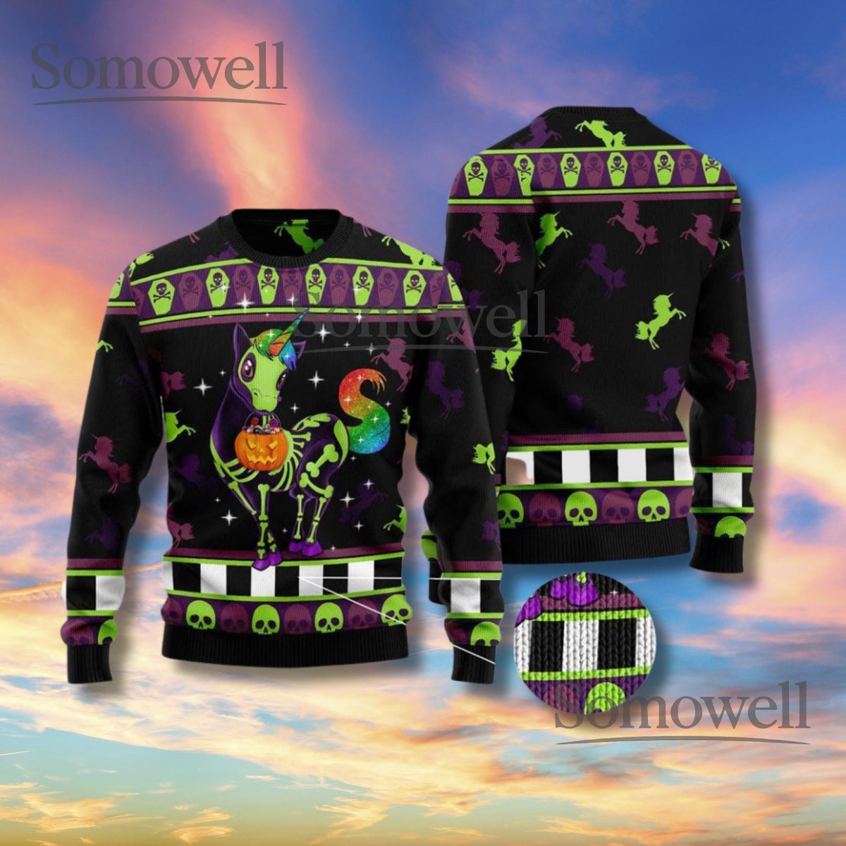 Neon Skeleton Unicorn Halloween Sweater Pumpkin Skull Black Unisex Ugly Knit