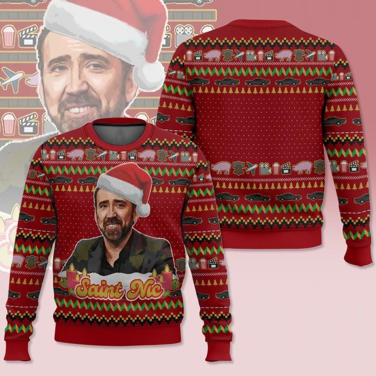 Nicolas Cage Ugly Sweater Saint Nic Funny Meme Fans Christmas Holiday Gift