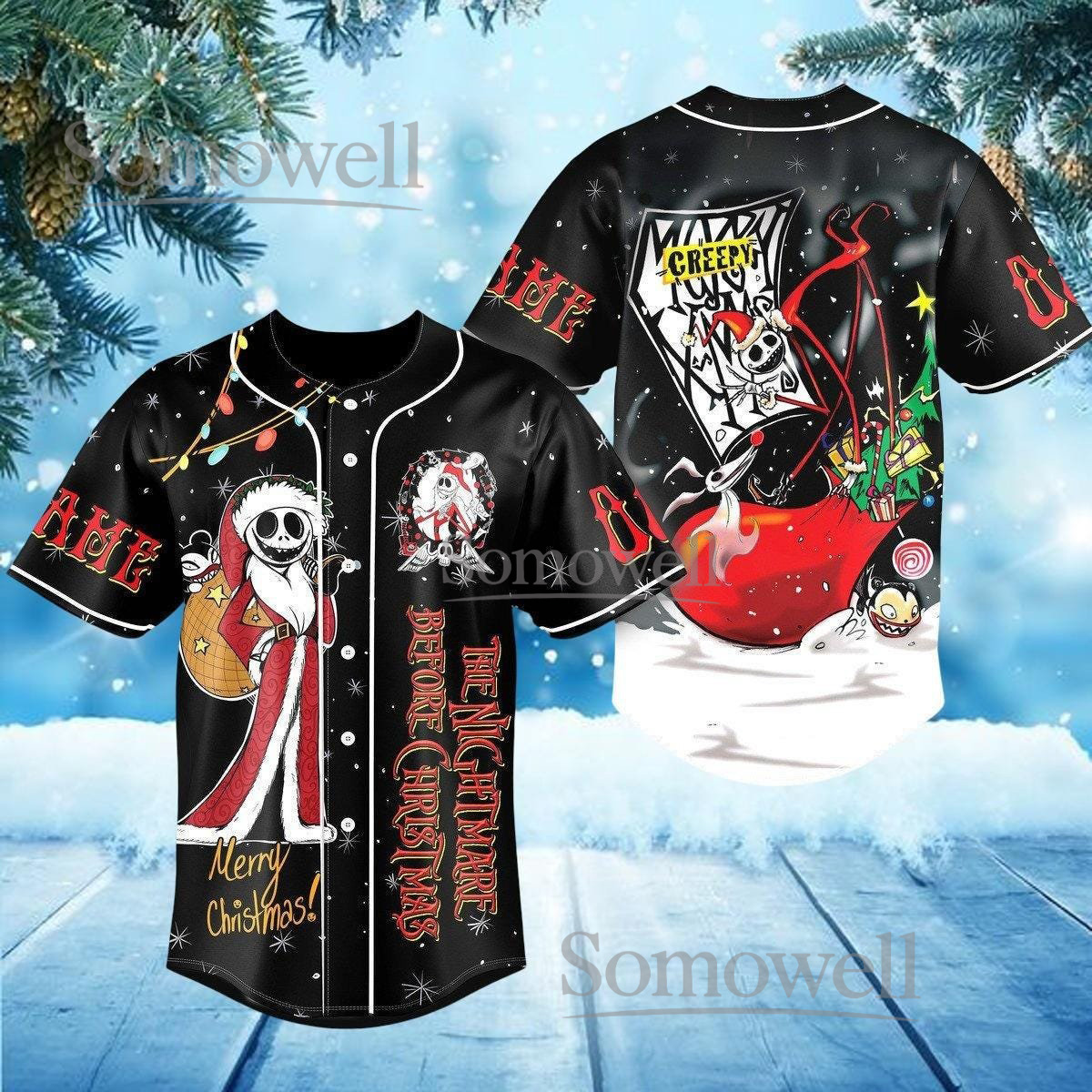 Nightmare Before Christmas Baseball Jersey Shirt Jack Skellington Santa Black Holiday Gift