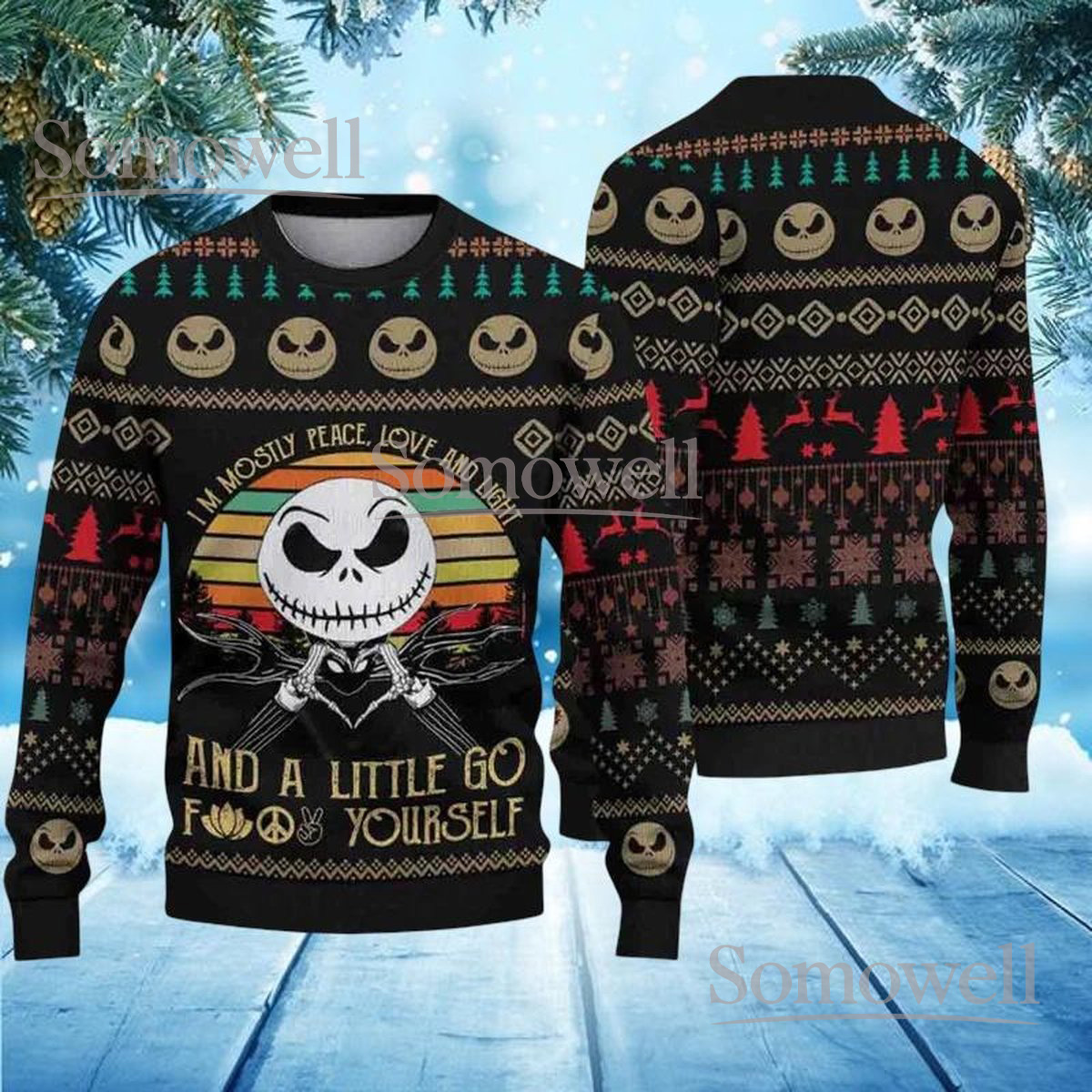 Jack Skellington Peace Love And Light Ugly Christmas Sweater Funny Nightmare Before Christmas Jumper