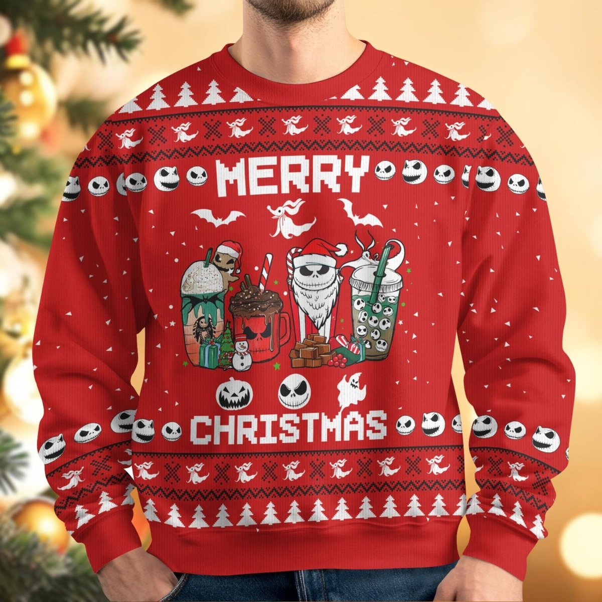 Nightmare Before Coffee Red Ugly Christmas Sweater Funny Holiday Hot Drink Pullover