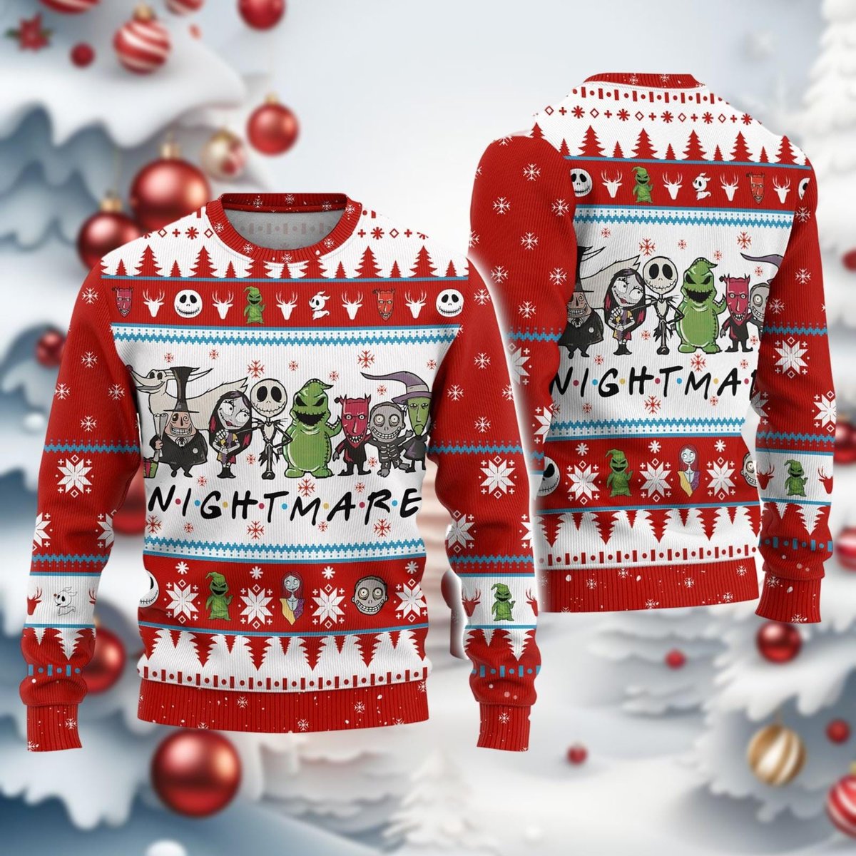 Nightmare Red Christmas Ugly Sweater Funny Gothic Cartoon Holiday Knit Jumper