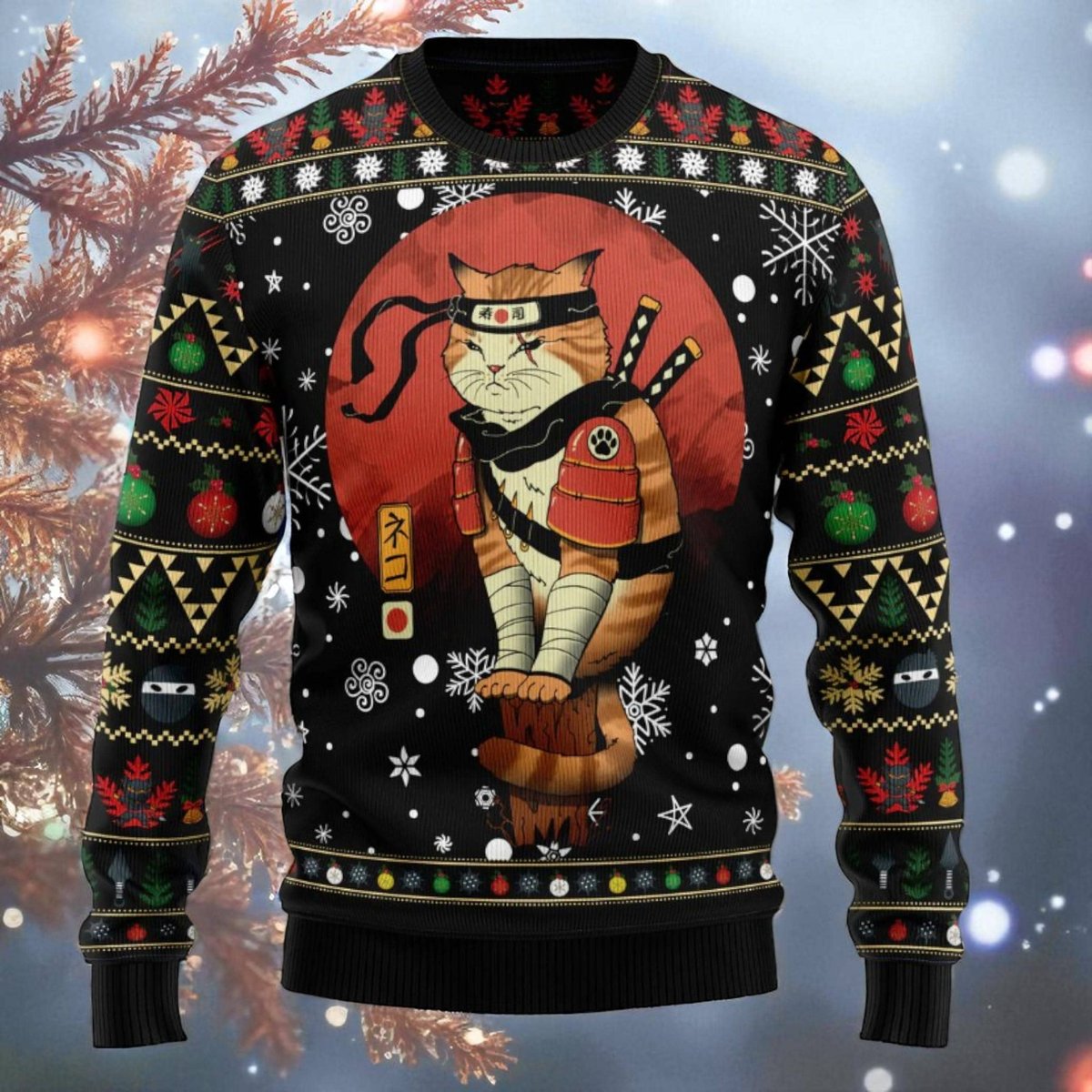 Ninja Cat Warrior Black Ugly Christmas Sweater Samurai Kitty Holiday Knit Jumper