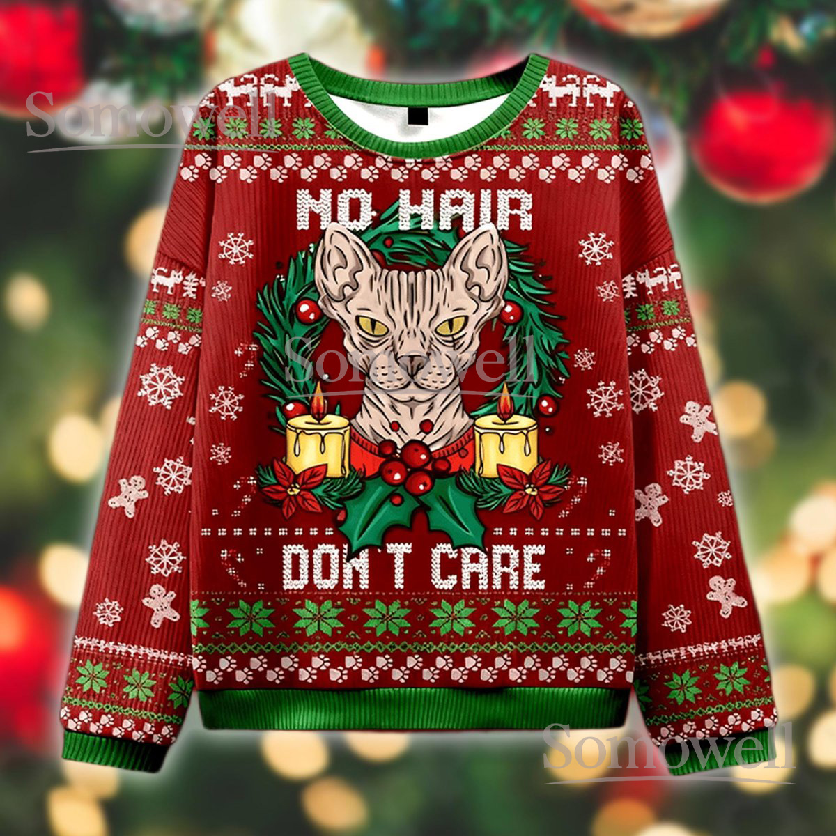 No Hair Don’t Care Sphynx Cat Ugly Christmas Sweater Funny Hairless Cat Lover Holiday Jumper