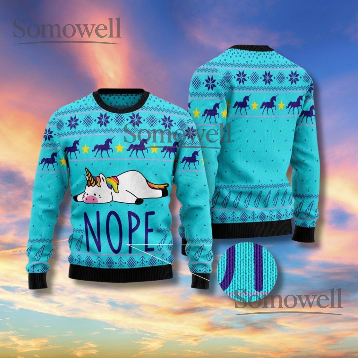 Nope Unicorn Sweater Funny Lazy Christmas Blue Unisex Ugly Xmas Knit Gift